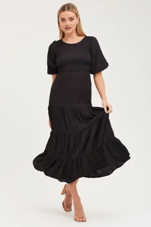 Boardwalk Mood Elegant high-waist gown Black Shirred Dress Short Sleeve Maxi
