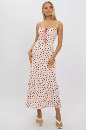 Red Ditsy Maxi Dress Lace Satin Tape Bridge Walk Vibrant boho dress