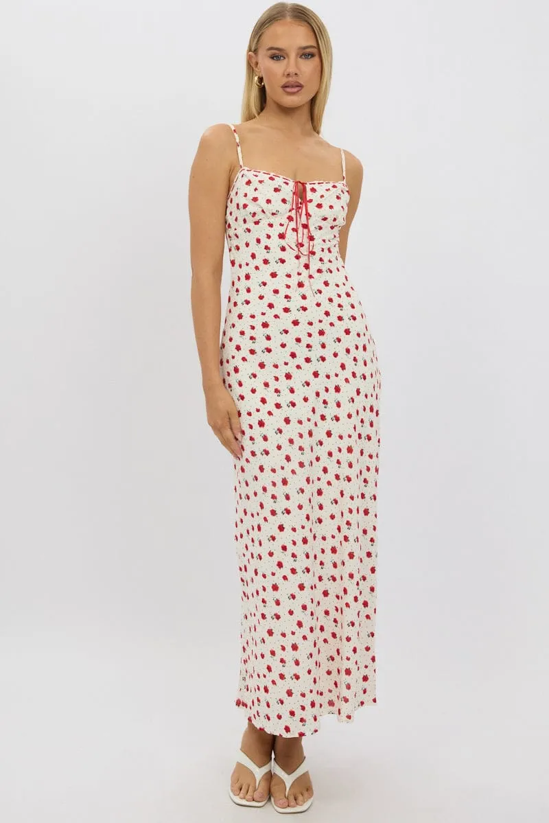Soft Move embroidery work Red Ditsy Maxi Dress Lace Satin Tape