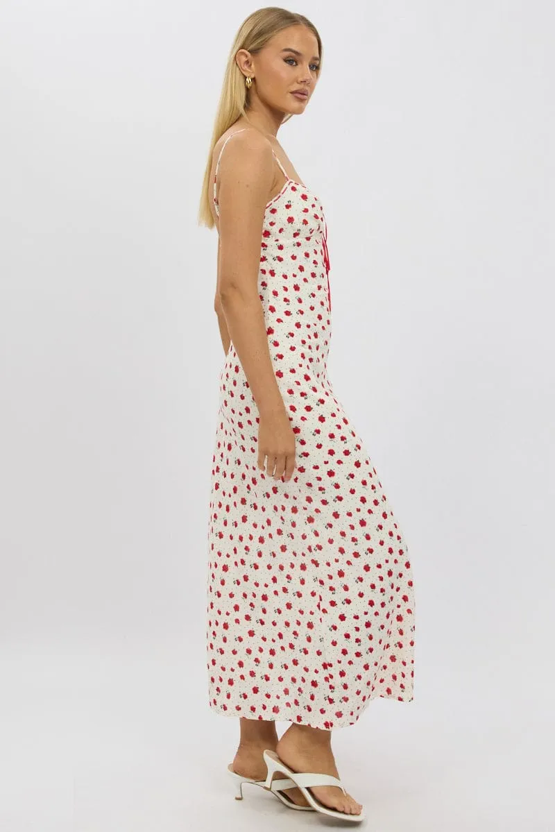 Red Ditsy Maxi Dress Lace Satin Tape Poetic Move Sun Bay