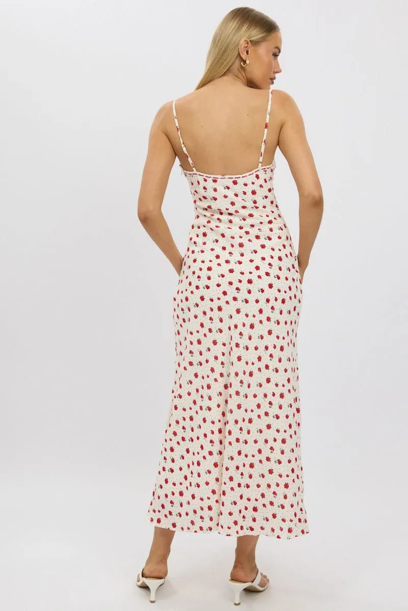 The sleek lines of this maxi dress create a flattering and elegant look for any event Red Ditsy Maxi Dress Lace Satin Tape