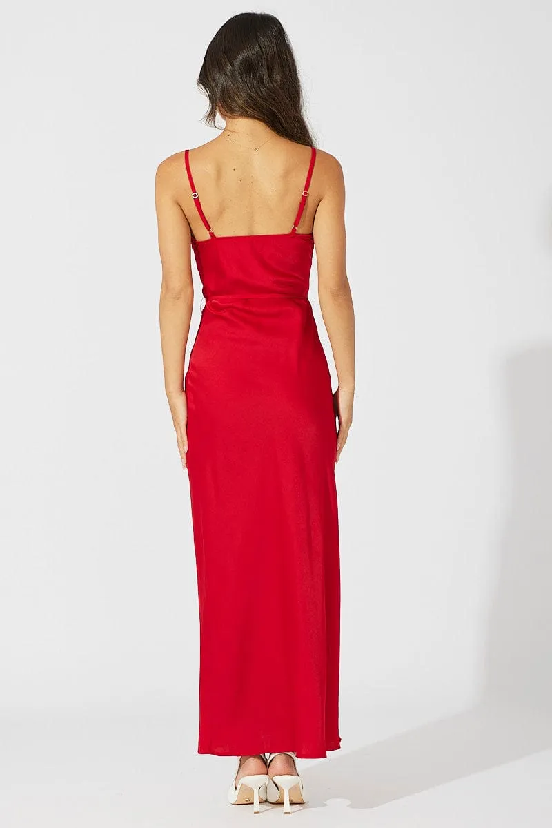 Red Maxi Dress Cowl Neck Satin color block Palm Shade