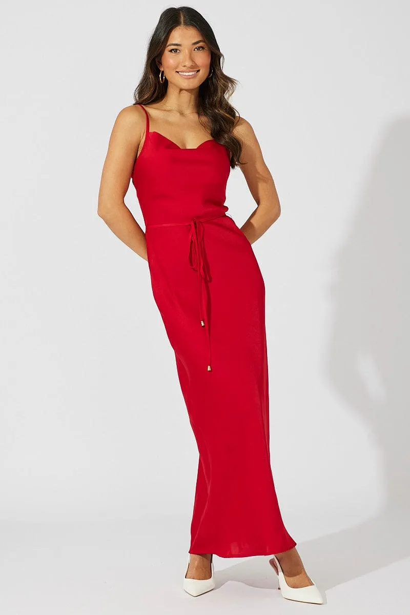 Red Maxi Dress Cowl Neck Satin Shimmer Sky