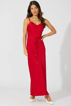 Lavender Glow Red Maxi Dress Cowl Neck Satin
