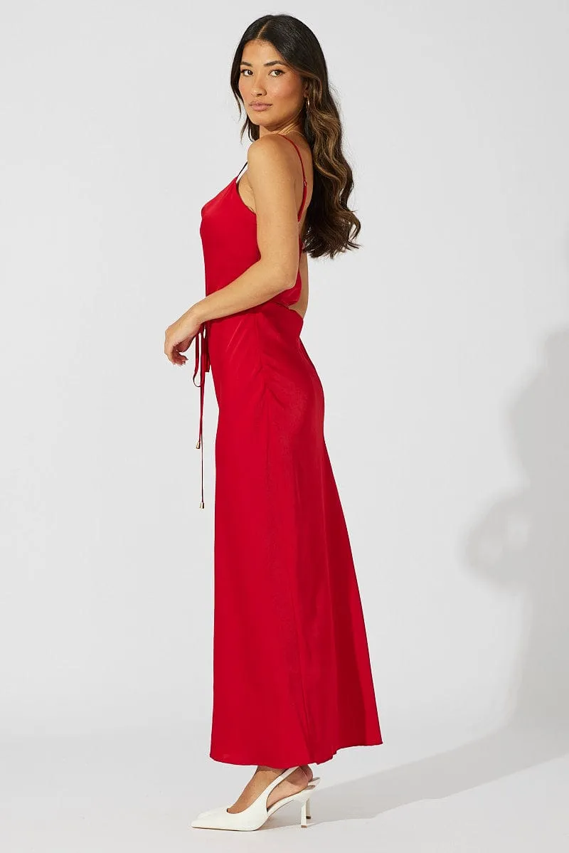Red Maxi Dress Cowl Neck Satin Stitch Glow Cozy evening dress