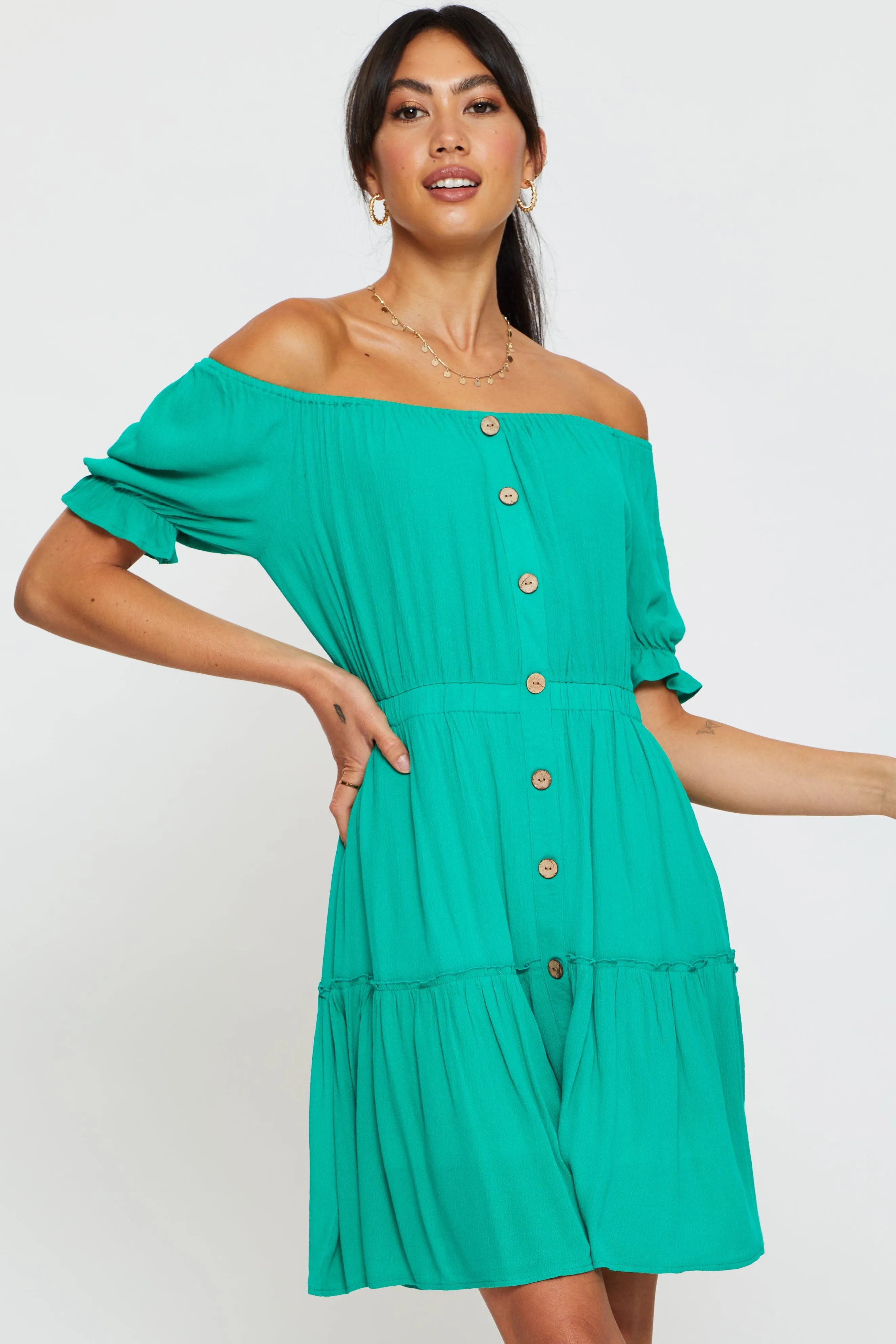 Green Mini Dress Off Shoulder Linen Neon Mood wrinkle free
