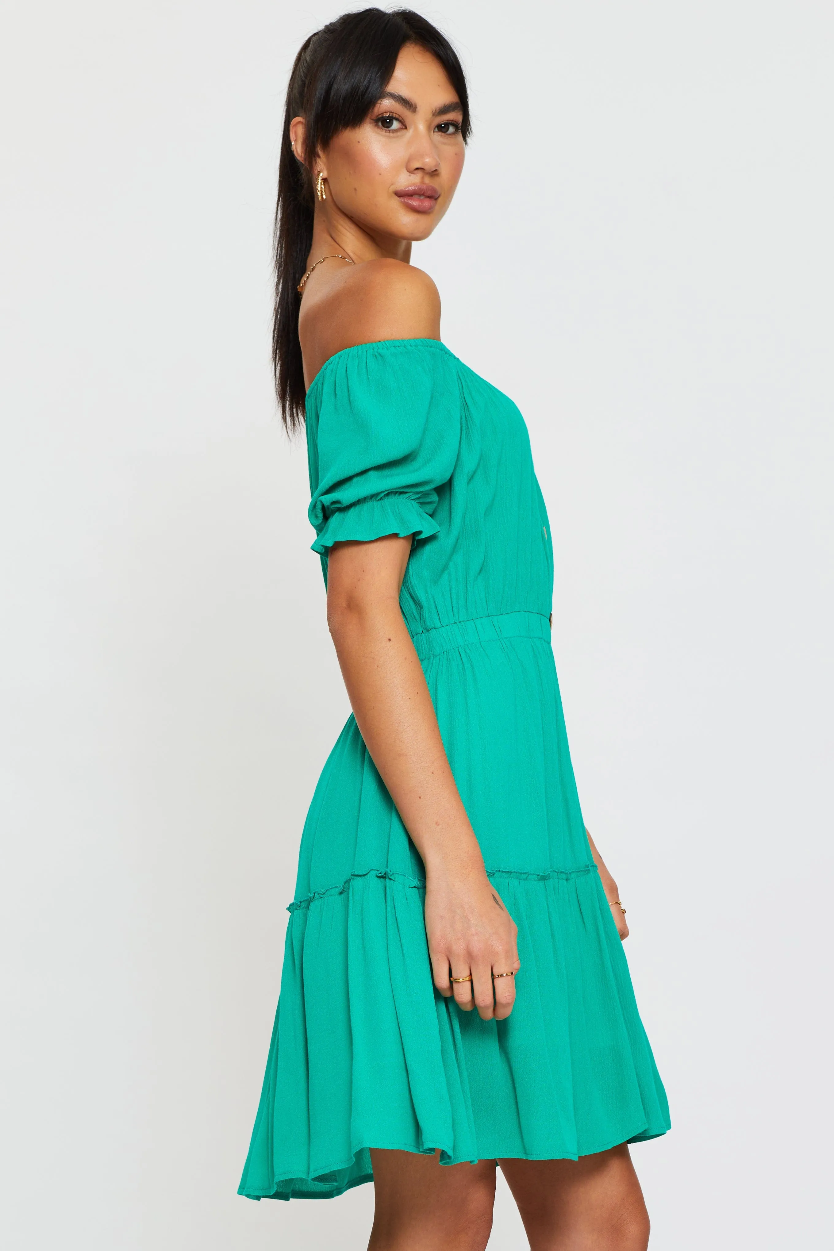 Green Mini Dress Off Shoulder Linen Anti Static Material