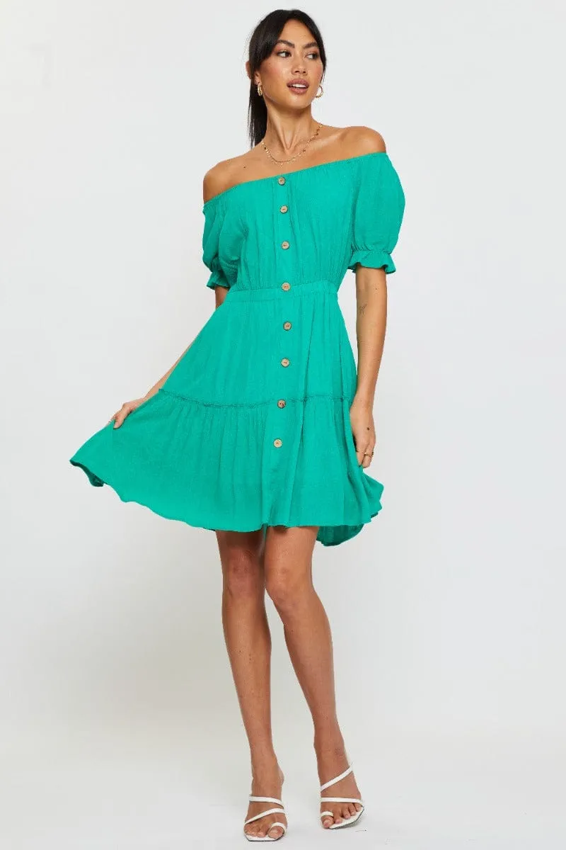 Tagless Labeling Urban Wear Green Mini Dress Off Shoulder Linen