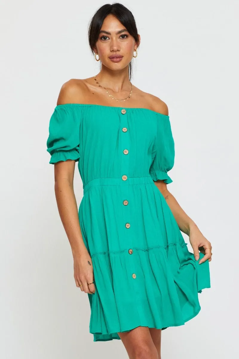 Neon Mood Club Glow Green Mini Dress Off Shoulder Linen