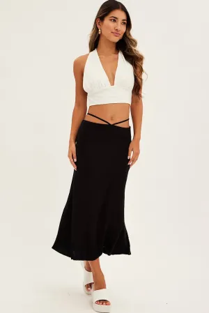 Black Linen Blend Waist Tie Slip Midi Skirt Flexible Comfort