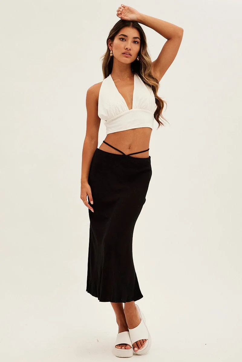 Active Wear Black Linen Blend Waist Tie Slip Midi Skirt