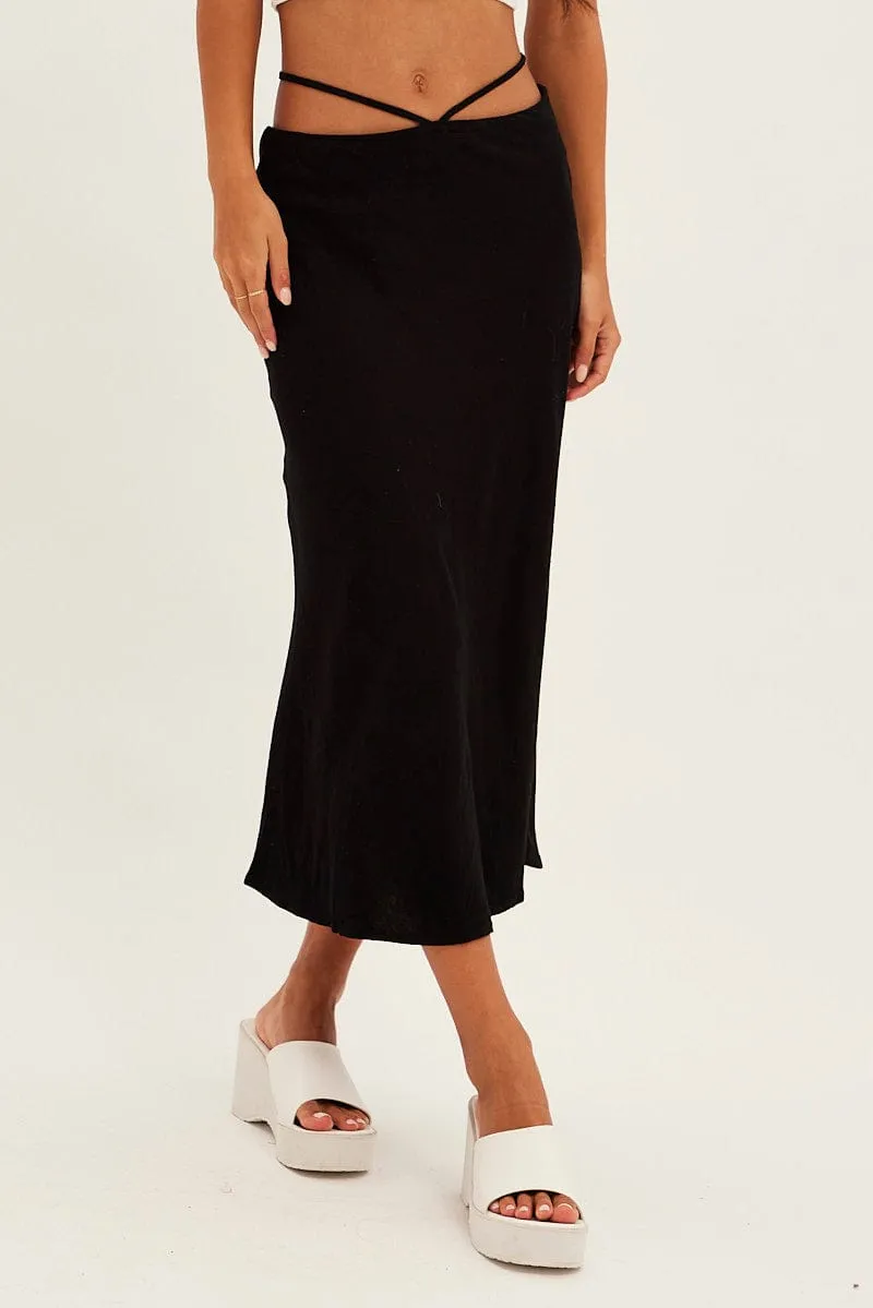 Street Style Black Linen Blend Waist Tie Slip Midi Skirt
