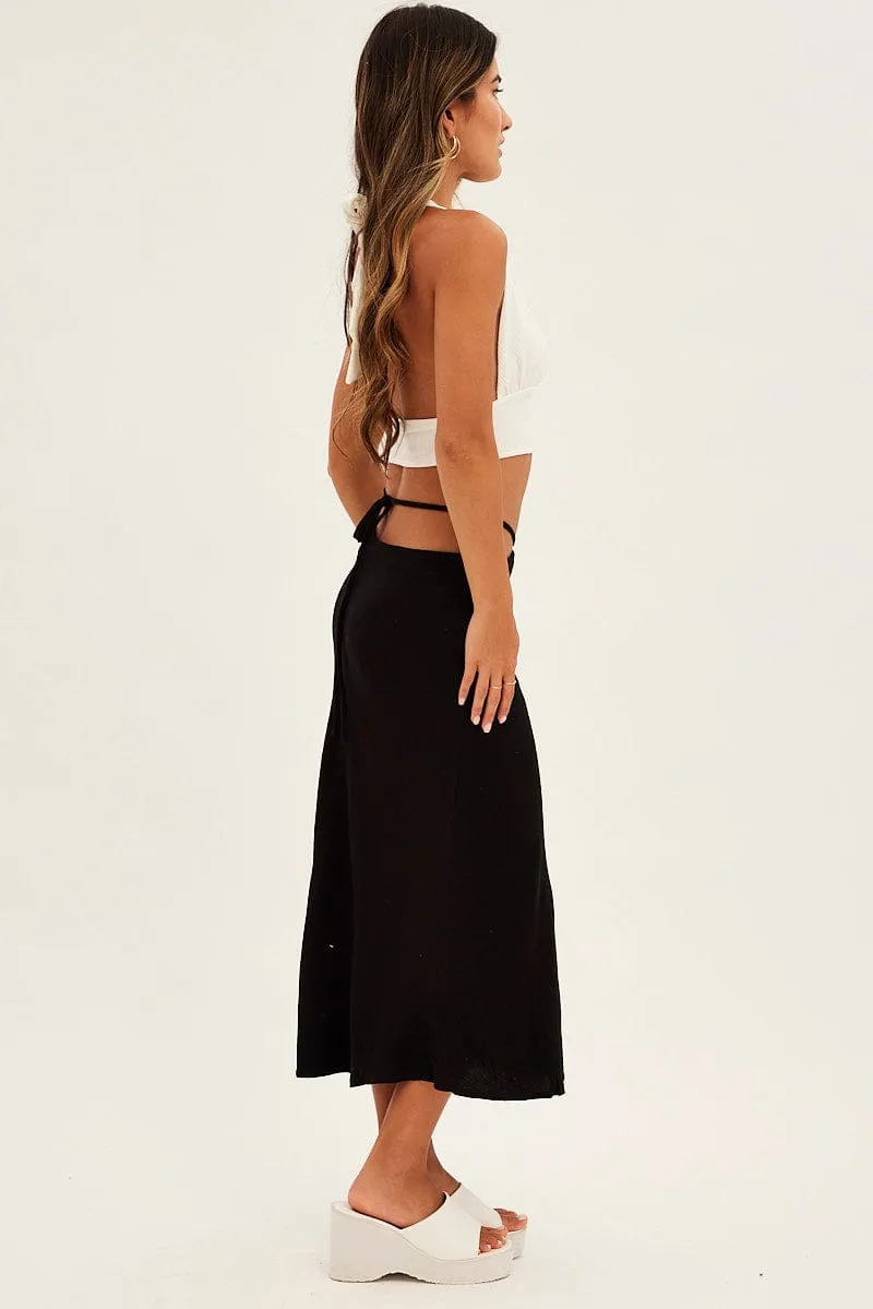 Black Linen Blend Waist Tie Slip Midi Skirt Sleek Outfit