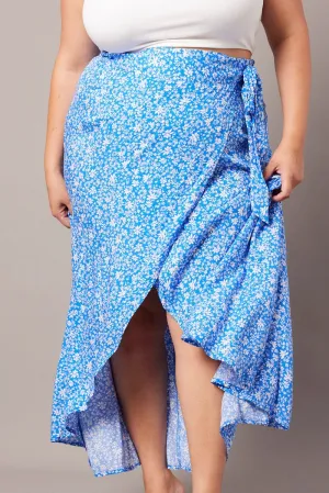 Blue Ditsy Wrapover Maxi Skirt Fresh Style
