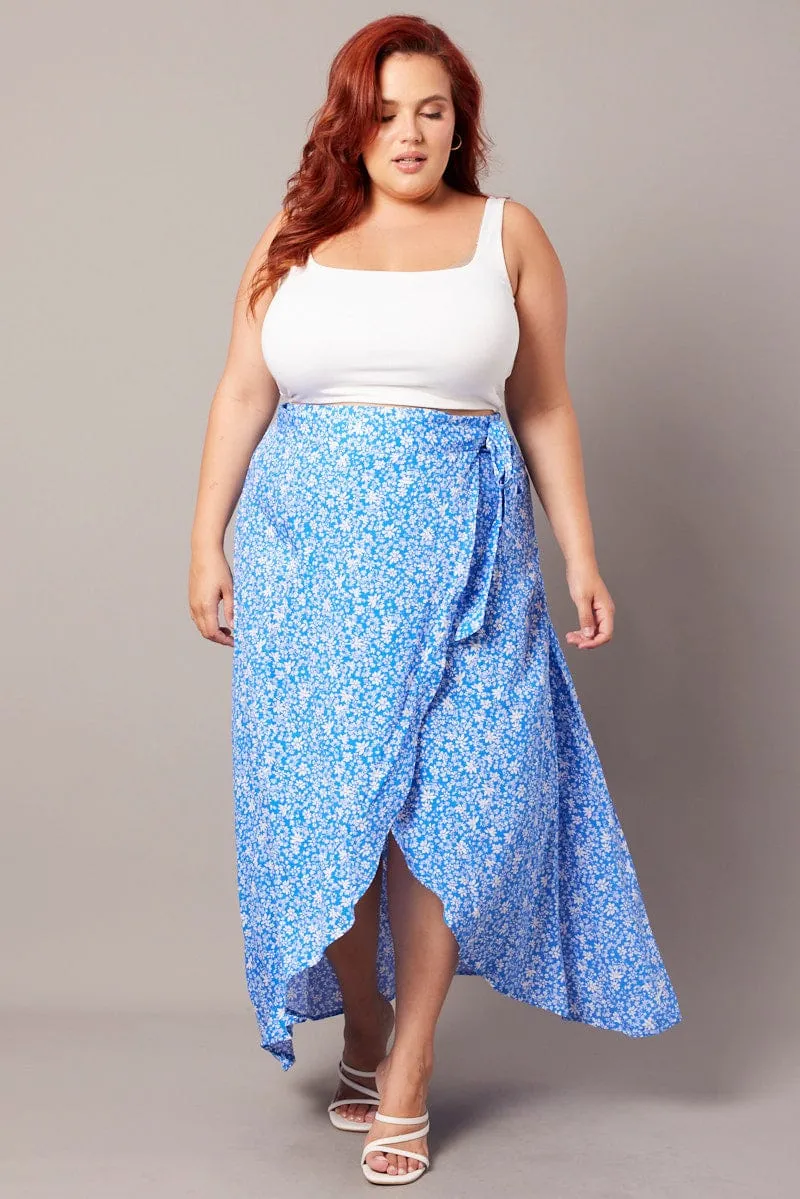 Blue Ditsy Wrapover Maxi Skirt Designer Label
