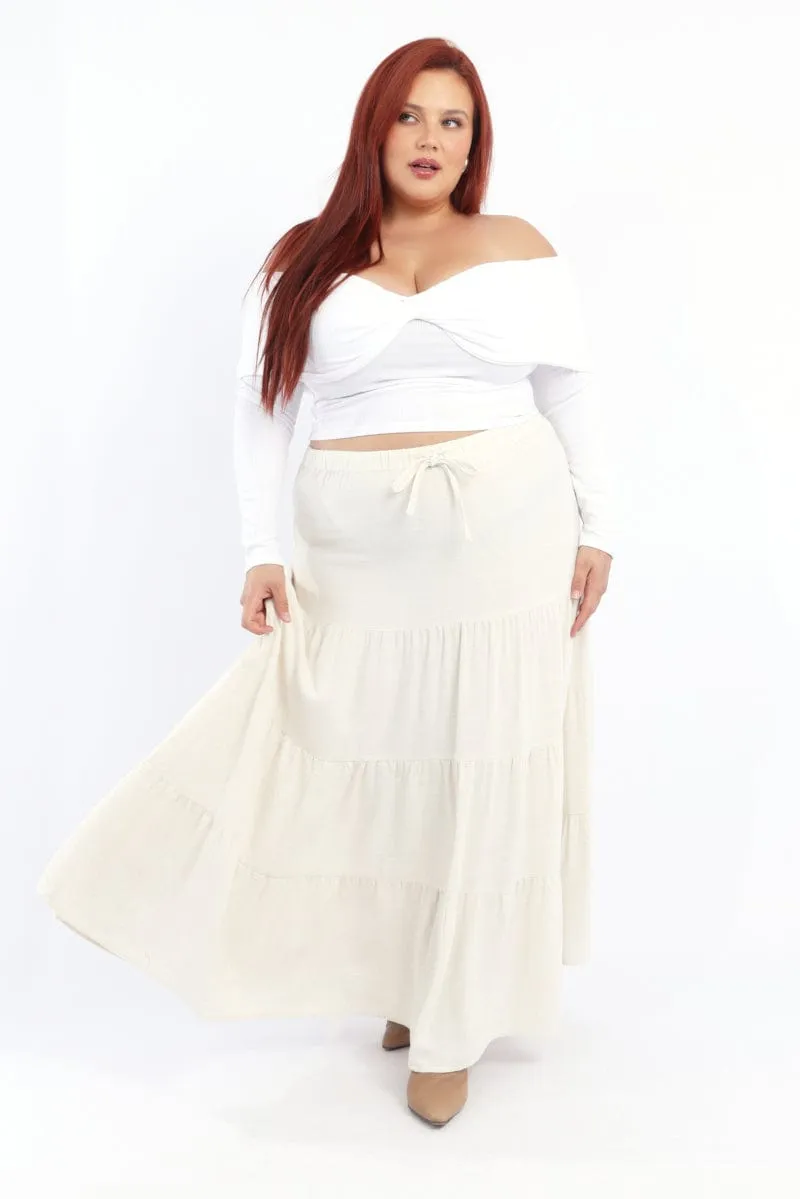 Beige Elastic Waist Tiered Linen Blend Maxiskirt Autumn Stroll