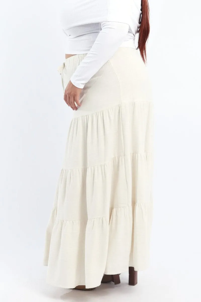 Statement Fashion Beige Elastic Waist Tiered Linen Blend Maxiskirt