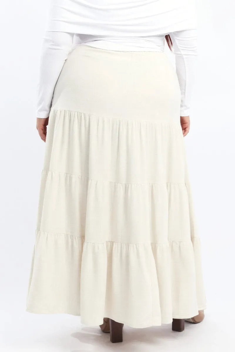 Minimal Touch Non see through Beige Elastic Waist Tiered Linen Blend Maxiskirt