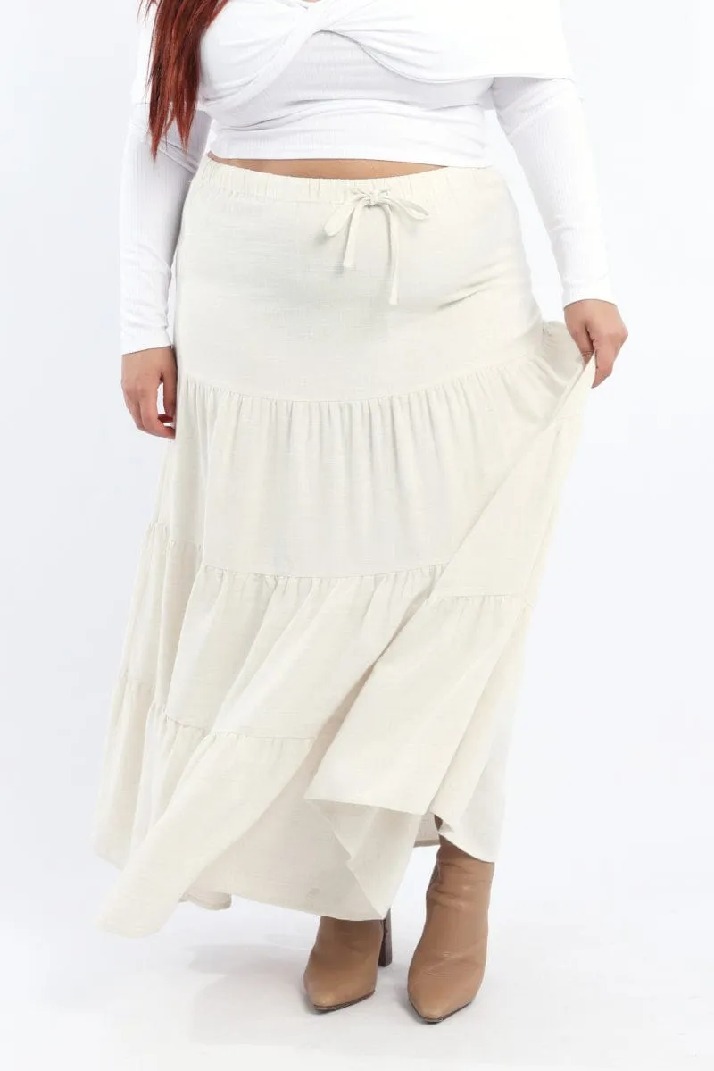 Casual Feel Beige Elastic Waist Tiered Linen Blend Maxiskirt