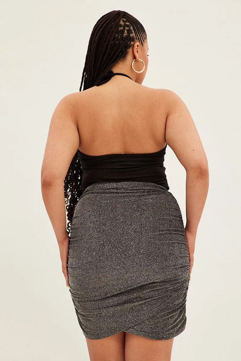 Subtle Details Black Mini Skirt Lurex Elastic Waist Ruched