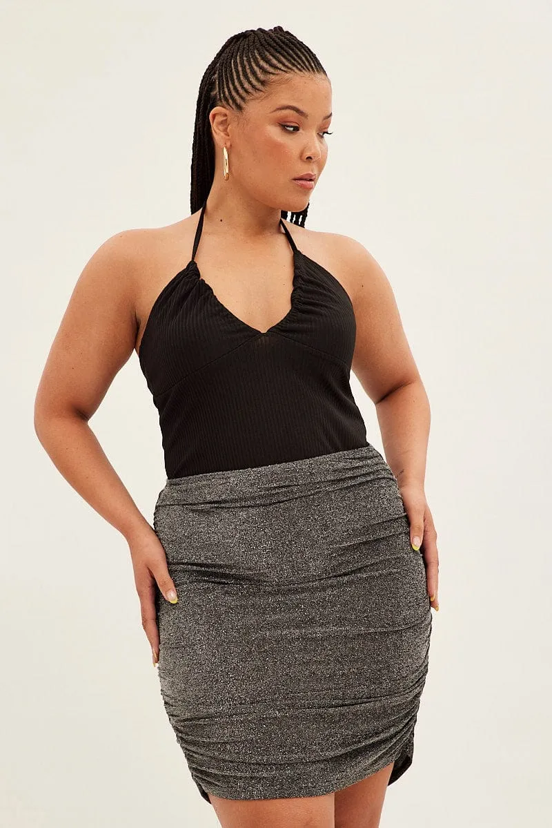 Contemporary Design Sequined Finish Black Mini Skirt Lurex Elastic Waist Ruched