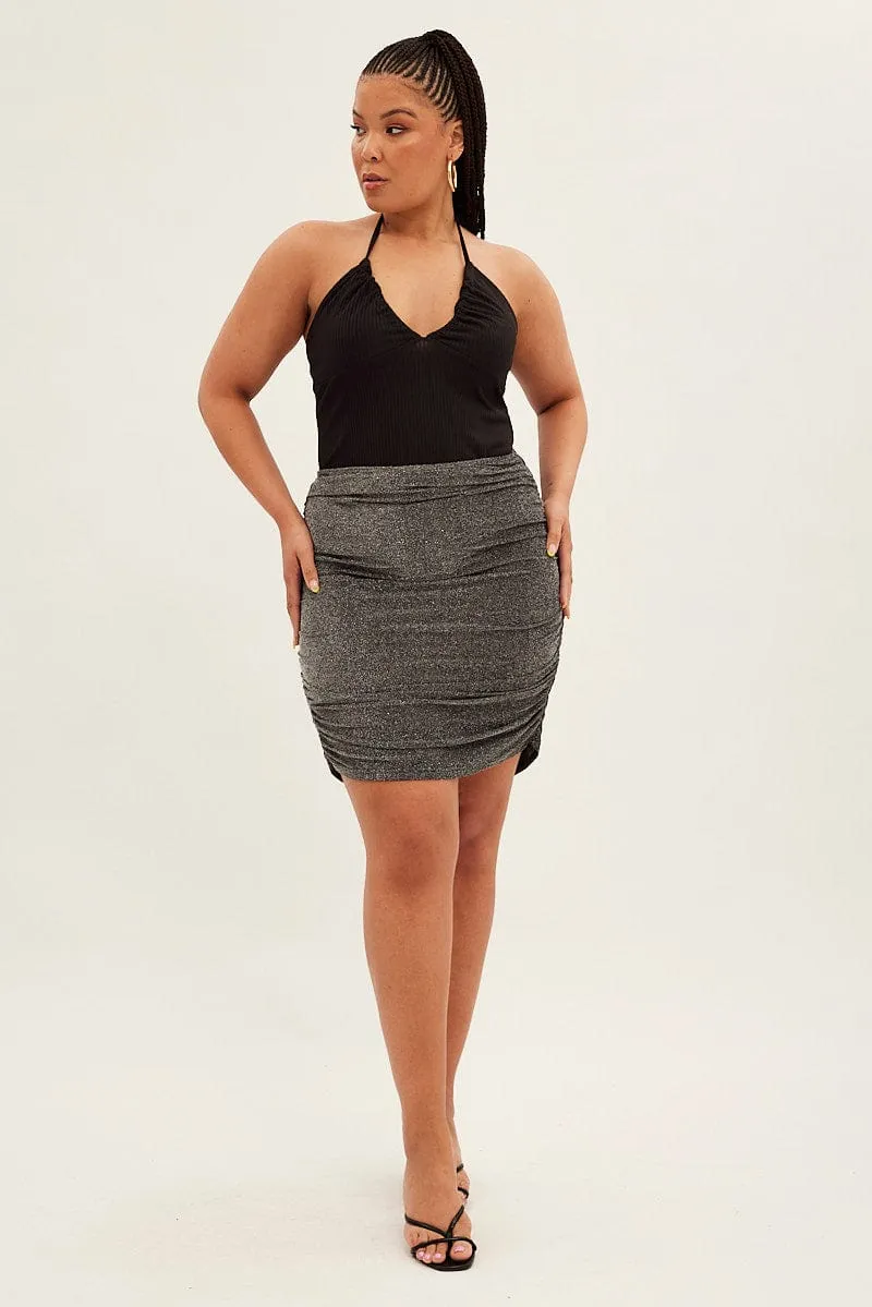 Black Mini Skirt Lurex Elastic Waist Ruched Timeless Touch Cozy Outfit