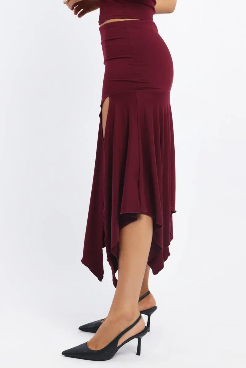 Pleated design Red Scarf Hem Skirt High Rise Midi Asymm Supersoft