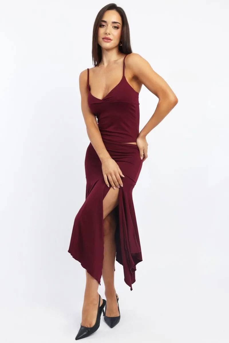 Season To Season Lightweight Lining Red Scarf Hem Skirt High Rise Midi Asymm Supersoft