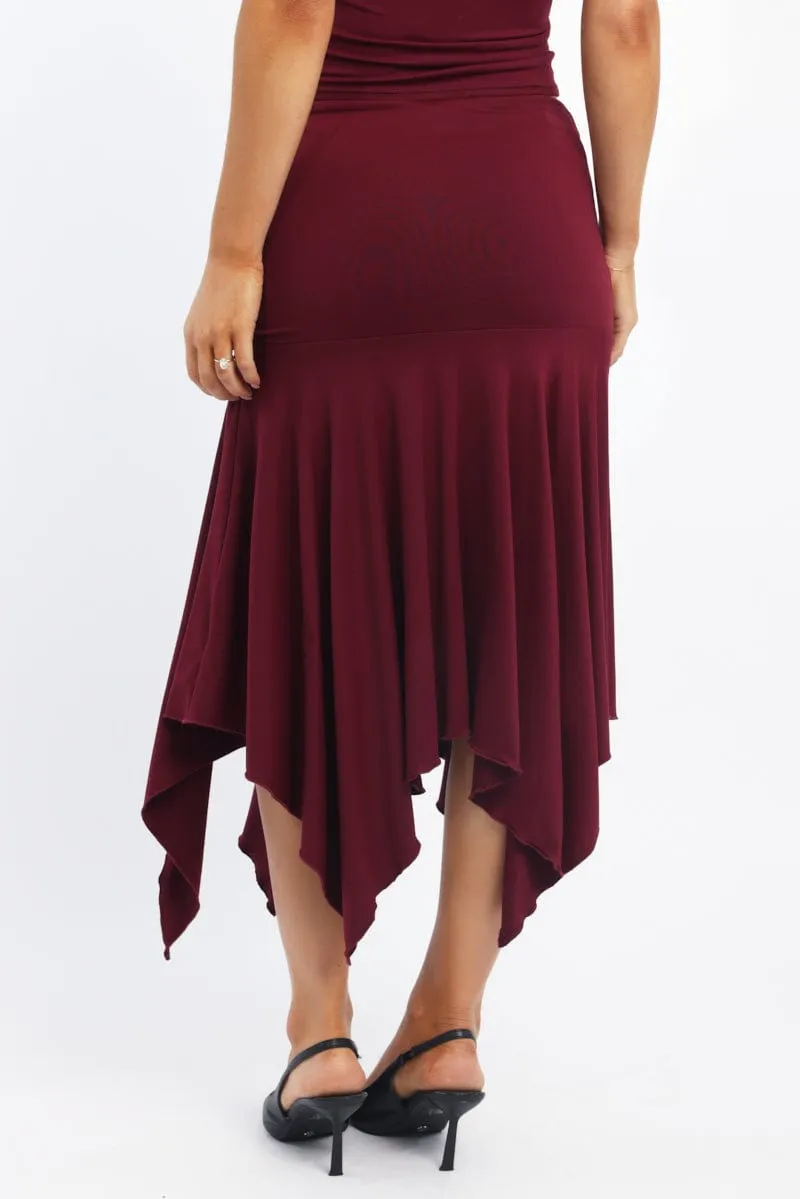 Red Scarf Hem Skirt High Rise Midi Asymm Supersoft Opaque finish Sophisticated Casual