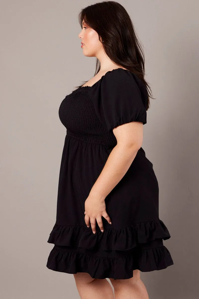 Black Shirred Mini Dress Sweetheart Neck Glow Queen Charming Chic Wear