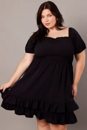 Heat Light Elegant Wear Black Shirred Mini Dress Sweetheart Neck