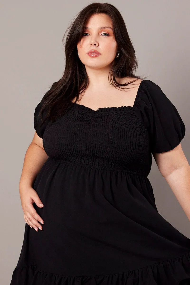 Black Shirred Mini Dress Sweetheart Neck Bohemian Look