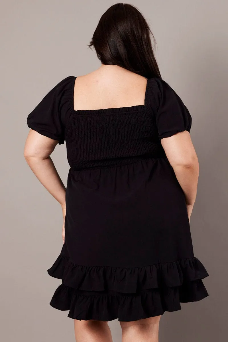 Black Shirred Mini Dress Sweetheart Neck Easy-to-style mini gown