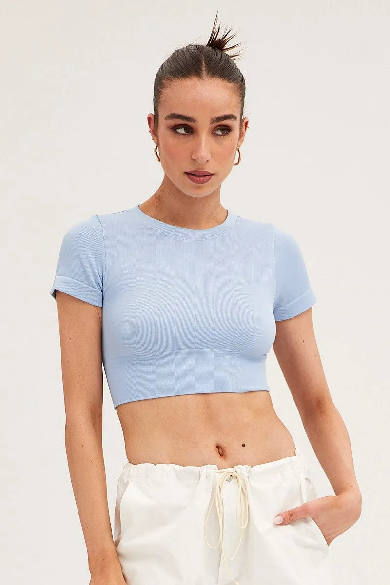 Blue T-Shirt Short Sleeve Crew Neck Seamless Soft Jacket Skin Hug