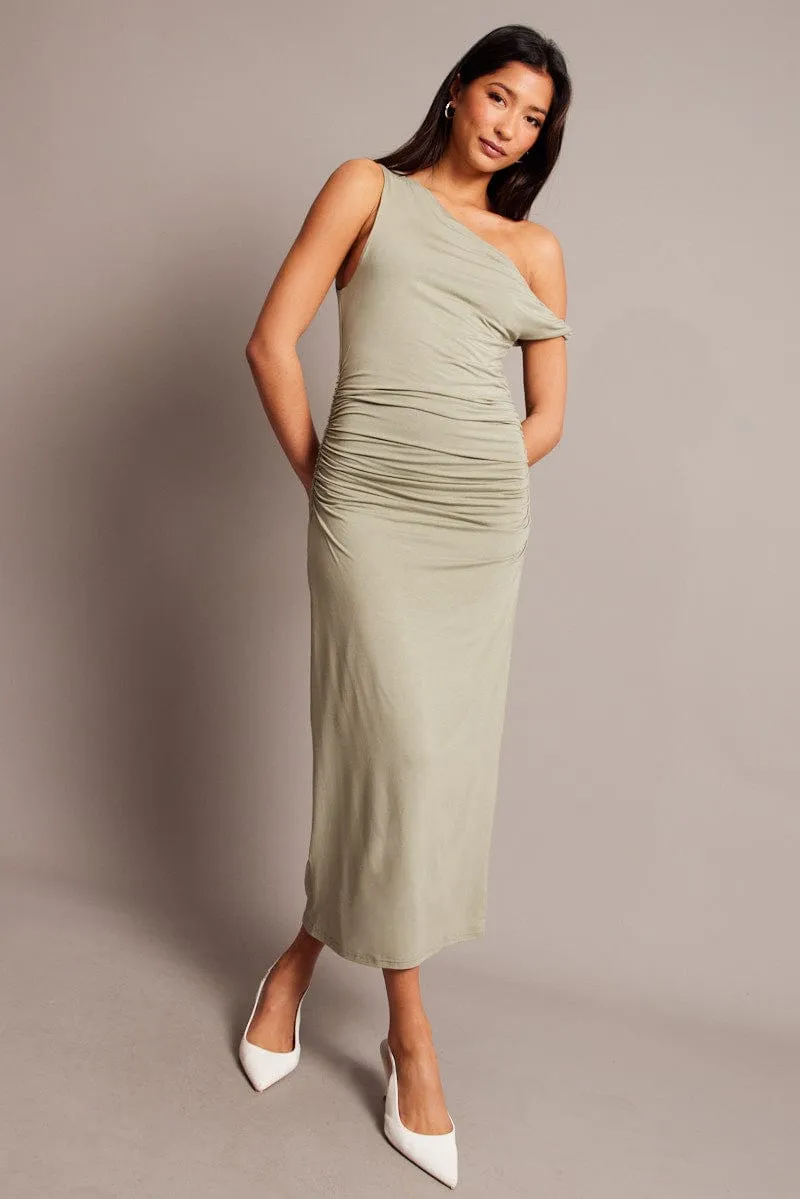 Thin Core Green Bodycon Dress Twist Off Shoulder Supersoft
