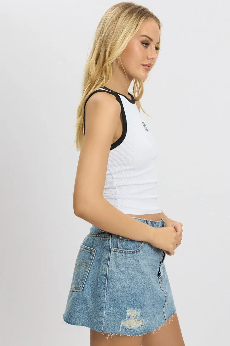 SplitHemDesign White Rib Tank Sleeveless