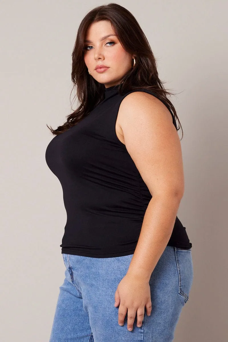 Black Tank Top Supersoft High Neck Gathered FlexibleCuff Spirit Glow