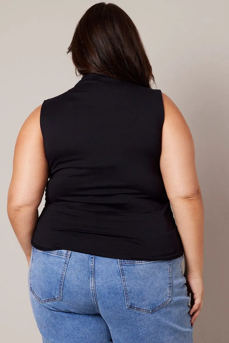 Black Tank Top Supersoft High Neck Gathered MoistureWicking Sporty Style