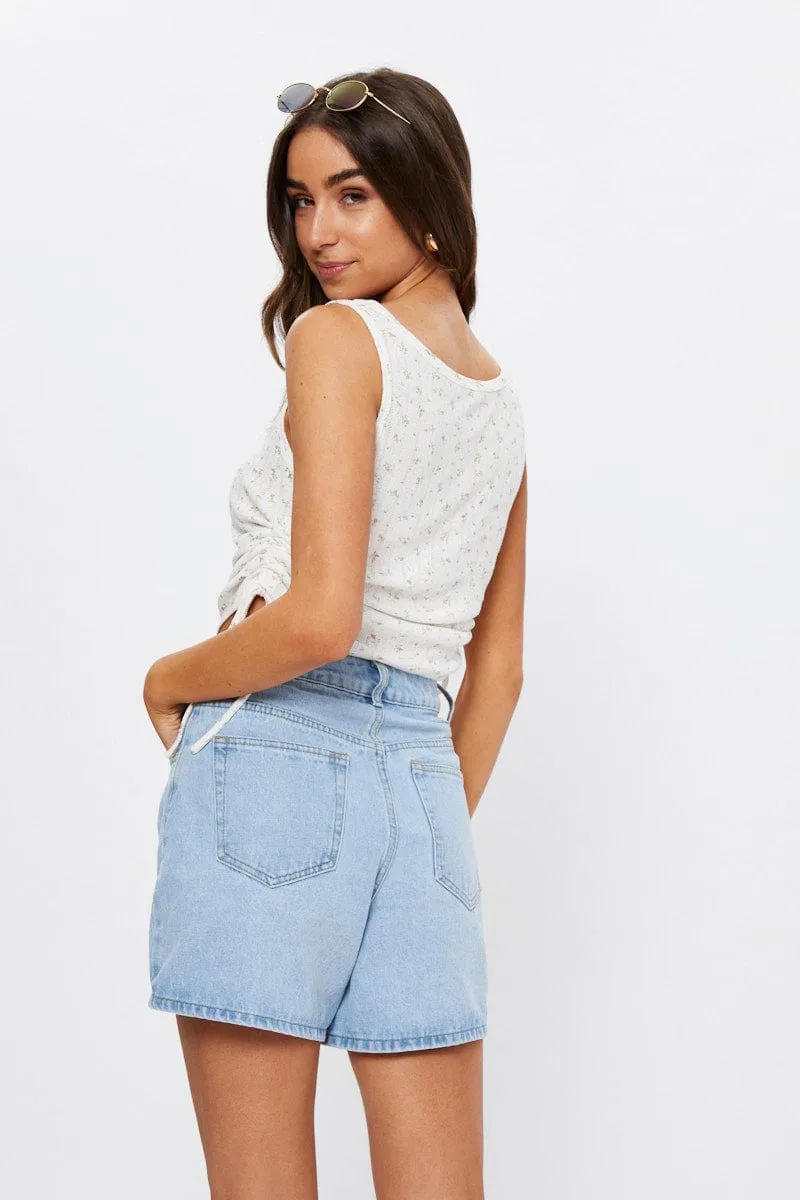 Print Rib Jersey Ruche Side Tank Top Adjustable Waistband ElasticFree