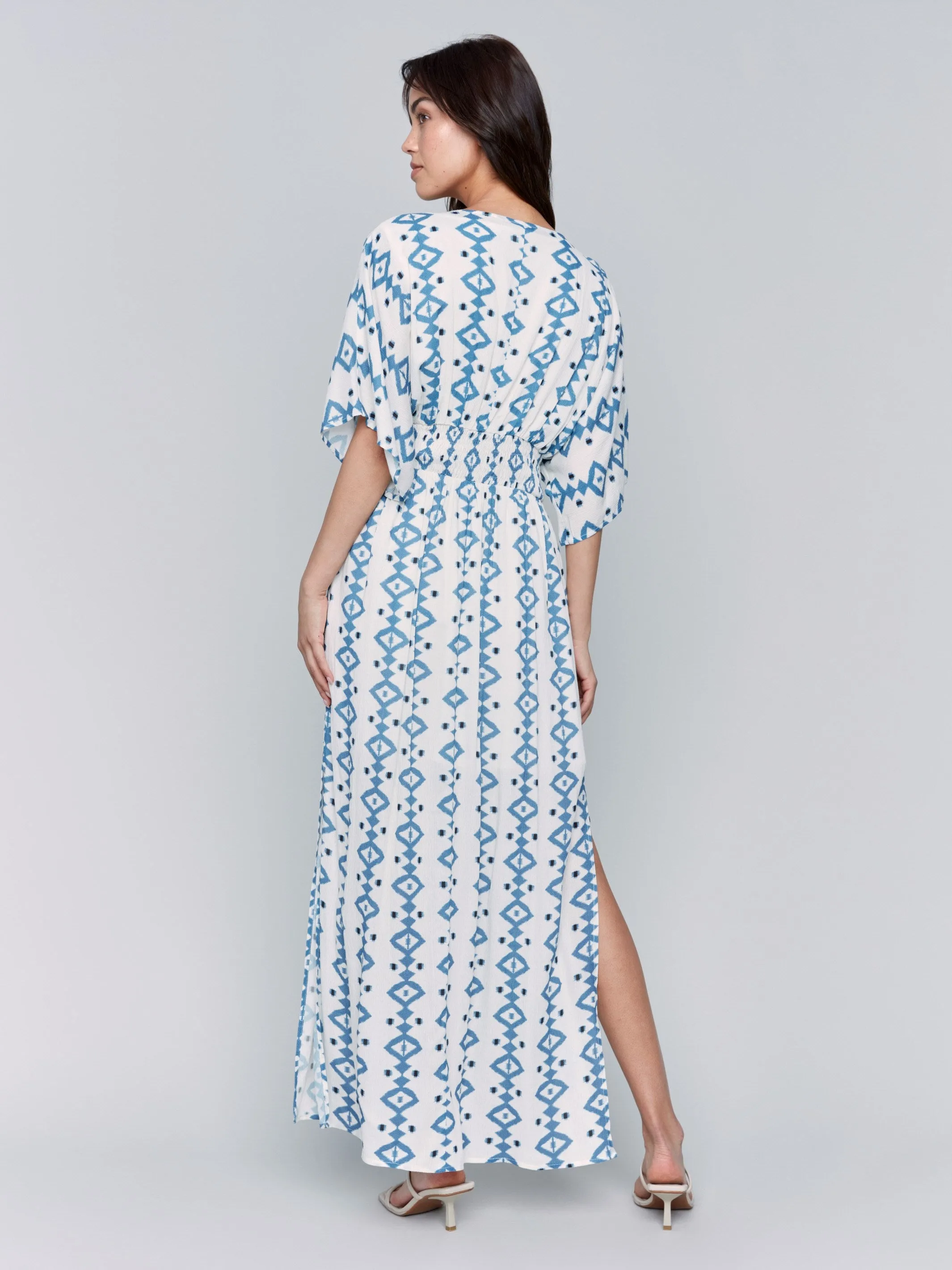 Printed Dolman Sleeve Maxi Dress with Side Slits - Geo SheerLayeredPanels Formal Look