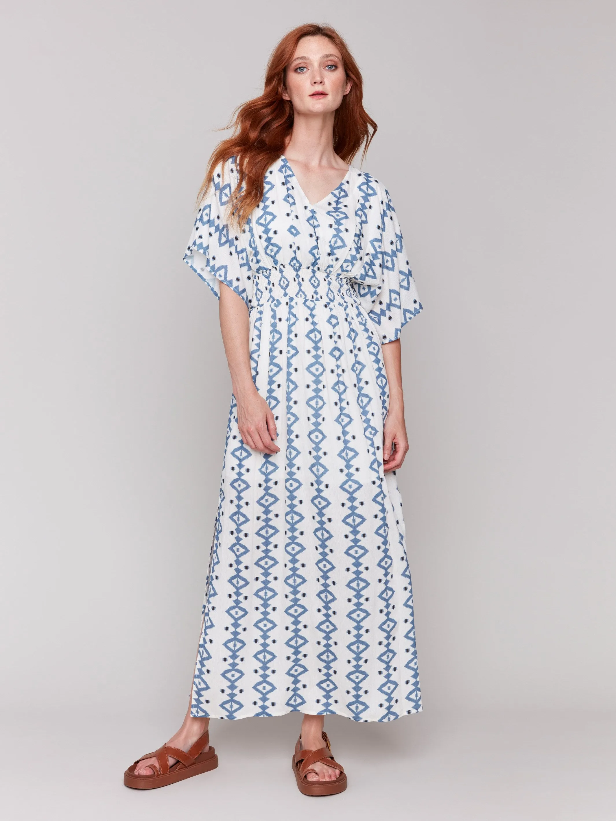 Printed Dolman Sleeve Maxi Dress with Side Slits - Geo TearResistant Fabric
