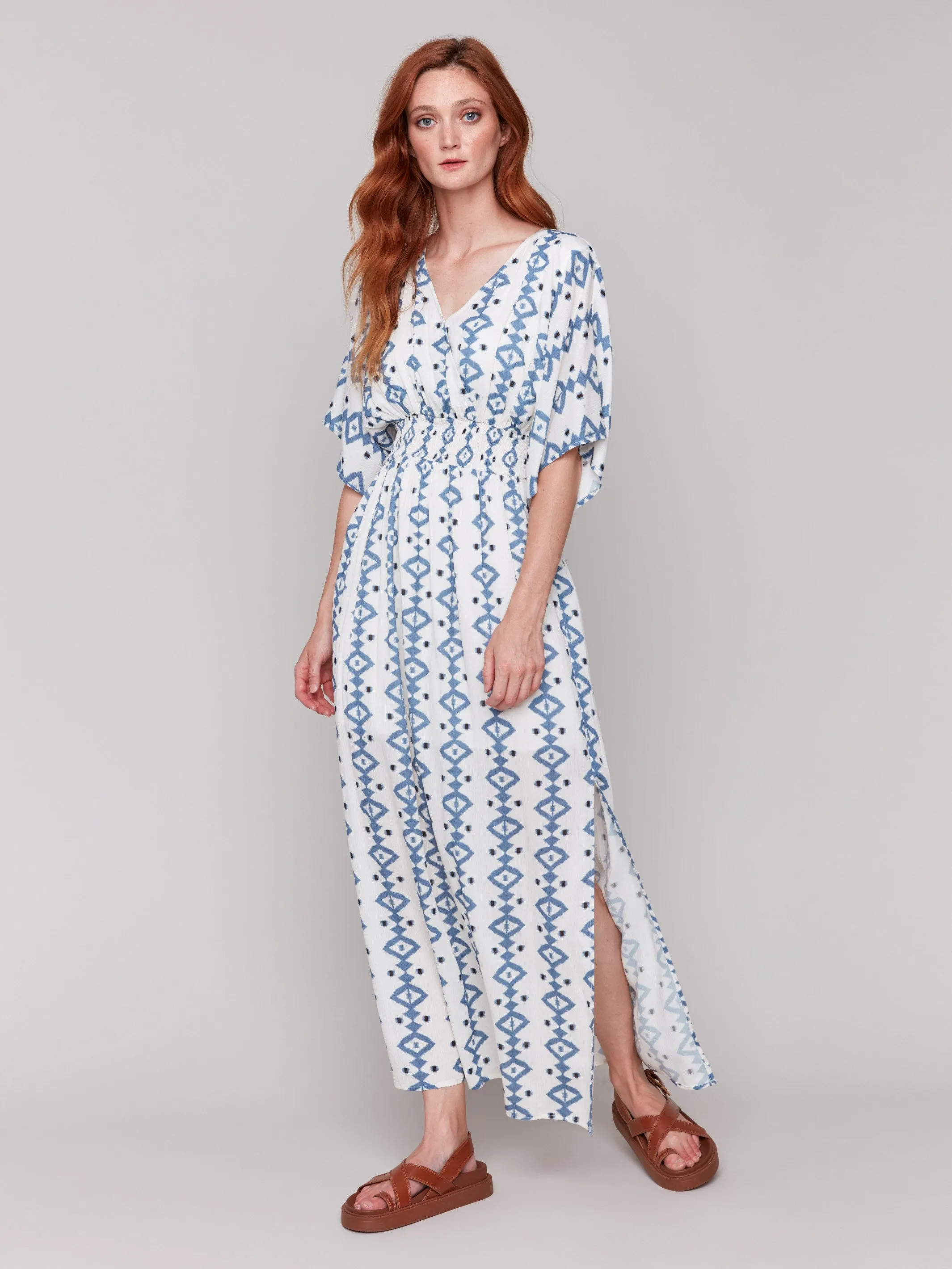 Casual Fashion Printed Dolman Sleeve Maxi Dress with Side Slits - Geo
