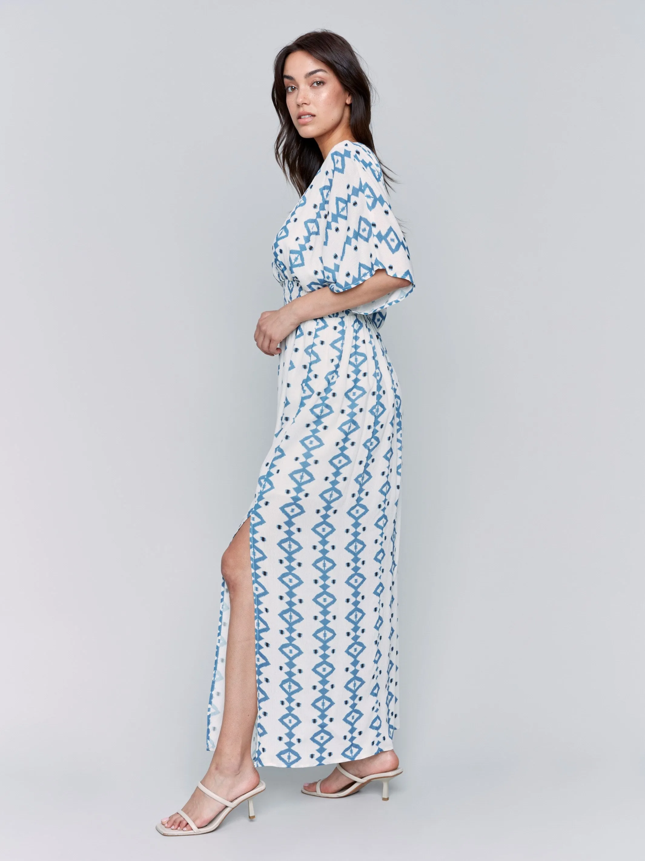 Printed Dolman Sleeve Maxi Dress with Side Slits - Geo Colorfast Technology Relaxed Outfit