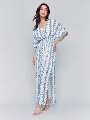Star Soul Printed Dolman Sleeve Maxi Dress with Side Slits - Geo