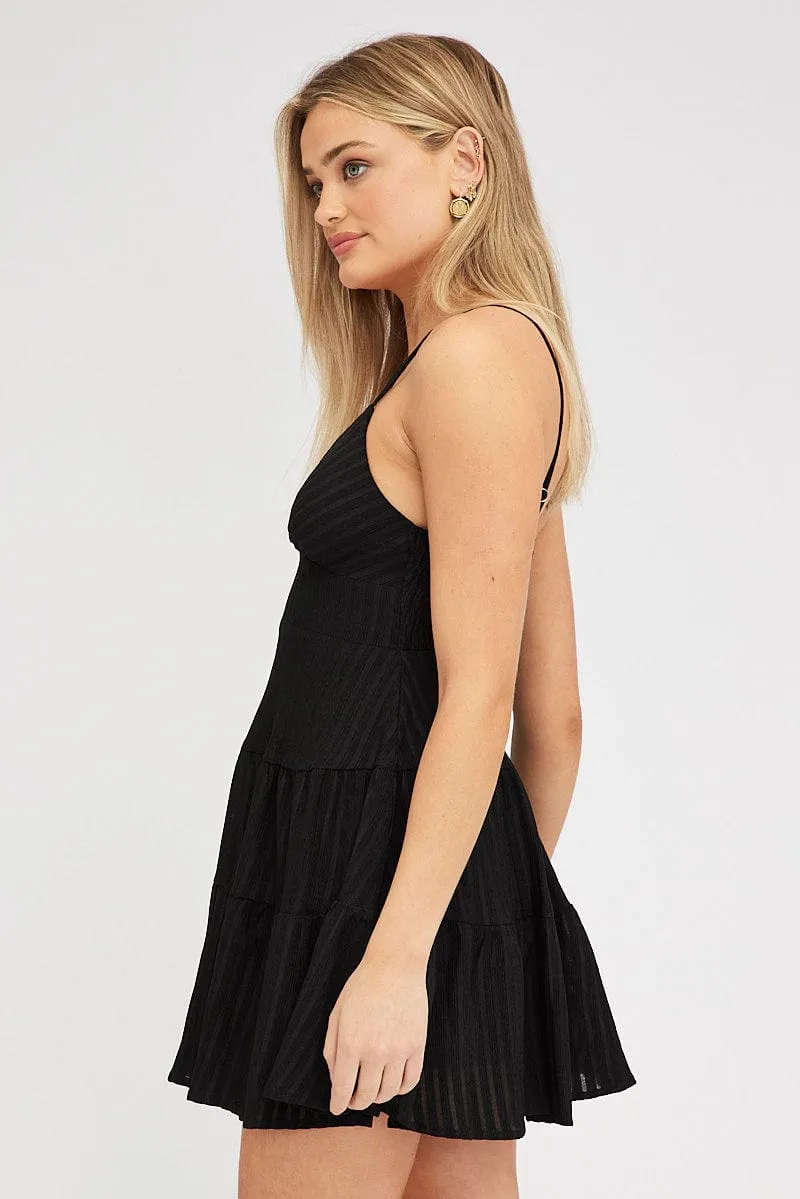Black Fit And Flare Dress Mini Textured Fabric Charming Design Effortless evening attire