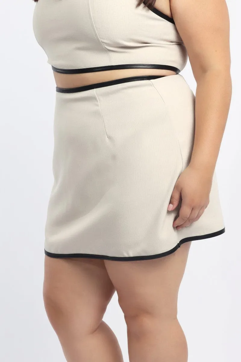 Clean Aesthetic Removable Belt Beige Mini Skirt PU Trim