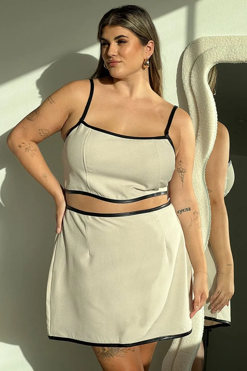 Beige Mini Skirt PU Trim Simple Flow