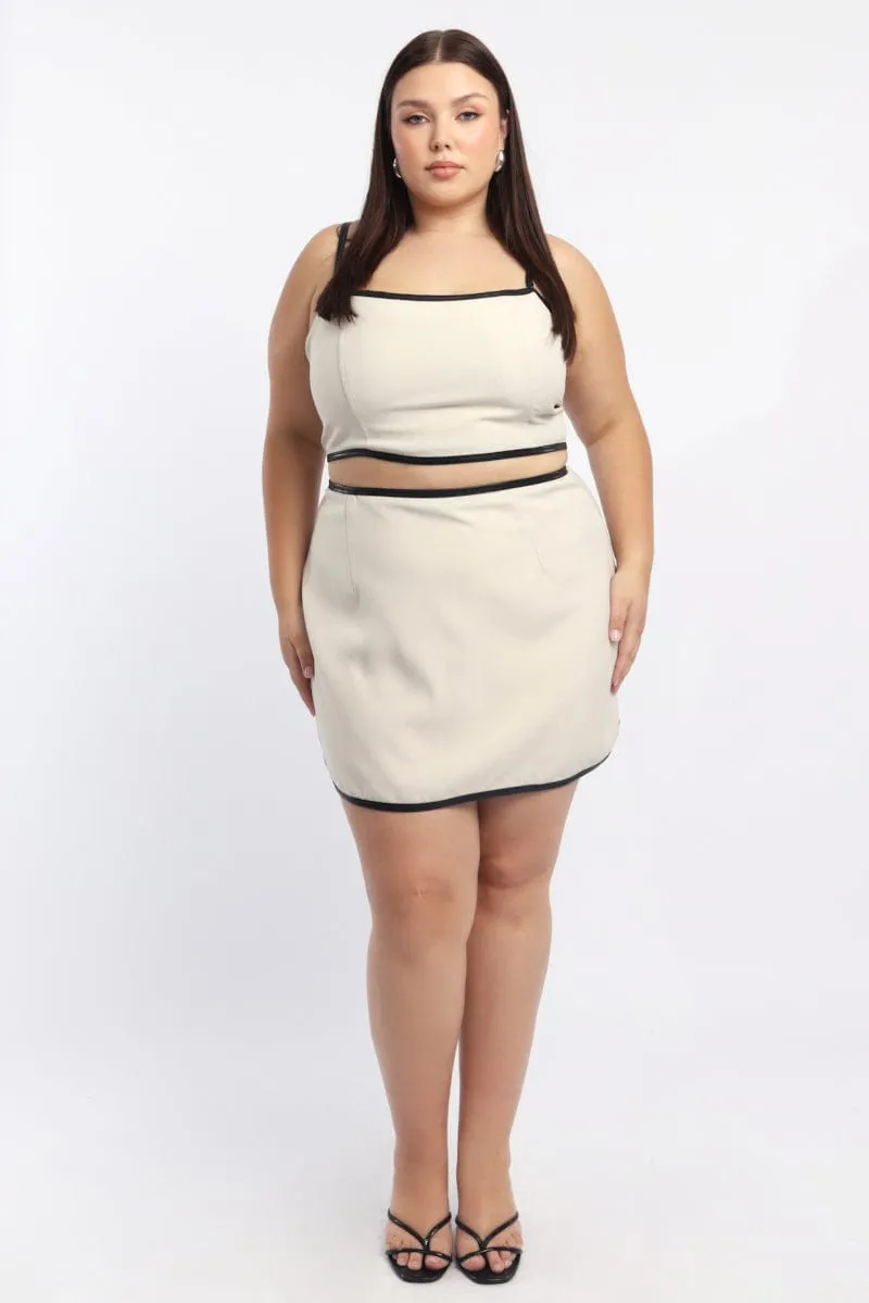 Layered Style Beige Mini Skirt PU Trim