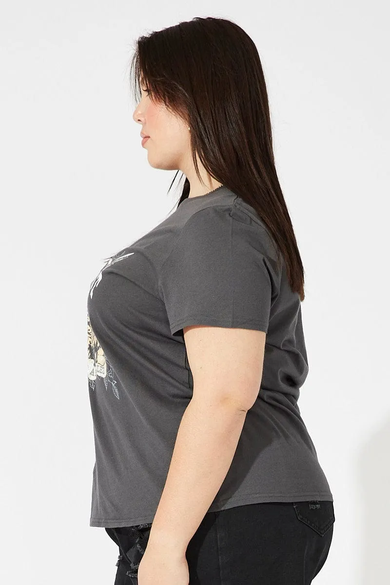 City Fashion Grey Graphic T-shirt Short Sleeve Crew Neck