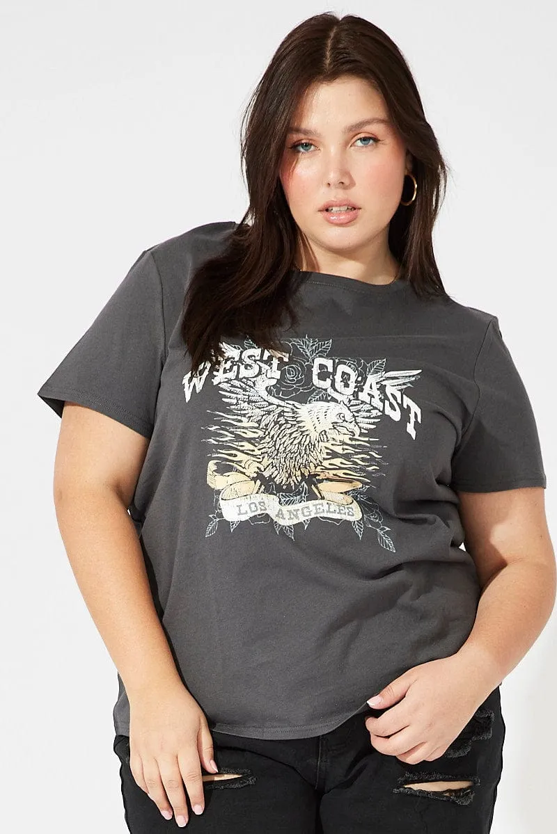 Grey Graphic T-shirt Short Sleeve Crew Neck Vegan Sporty Layer Look